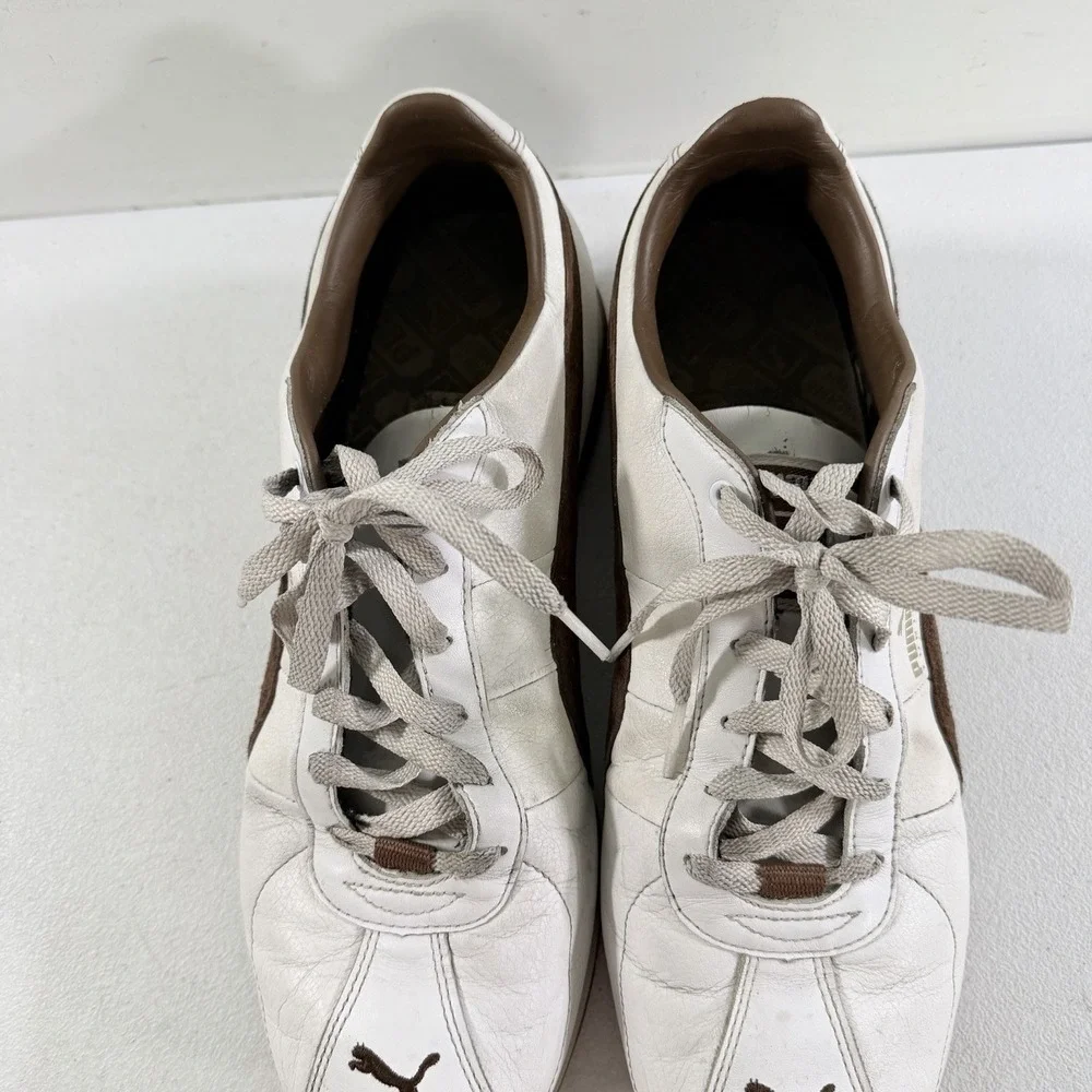 Vintage Puma Turin Men's White Brown Leather Suede Sneakers Shoes Size 11.5